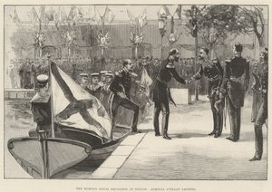 Den russiske marineskvadronen ved Toulon, admiral Avellan lander (gravering) av English School