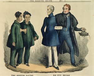 The Siamese Youths - Our Own Youths, satirisk tegneserie fra The Looking Glass, ca. 1829 (farget etsning) av English School