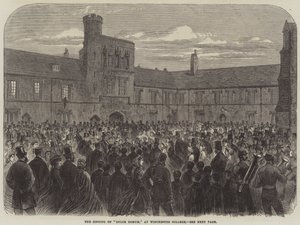 Sang av "Dulce Domum," ved Winchester College (gravering) av English School