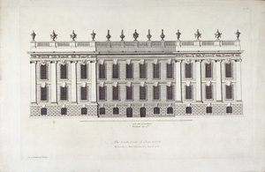'The South Front of Chatsworth', illustrasjon fra 'Vitruvius Britannicus or The British Architect' av Colen Campbell (gravering) av English School