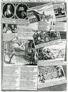 Scenemedleyen som representerer byens høflige smak og de makeløse fordelene til poeten G., Polly Peachum og Captain Macheath, ca. 1728 av English School