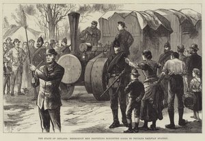 Staten i Irland, nødhjelpsmenn som formidler boikottet gods til Thurles jernbanestasjon (gravering) av English School