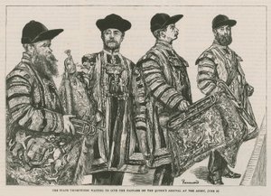 Statens trompetister venter på å gi fanfaren ved Queens ankomst til Abbey av English School