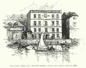 The Steel Yard, etc, Thames Street, etter den store brannen i 1666 (gravering) av English School