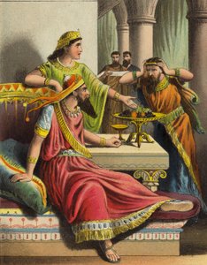 Historien om dronning Esther: Esther anklager Haman (farge litho) av English School