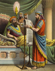 Historien om dronning Ester: Kong Ahasverus hører om Mordekai i opptegnelsesboken (farge litho) av English School
