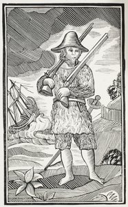 The Surprising Life and most Strange Adventures of Robinson Crusoe of the City of York, Mariner, illustrasjon fra Chap-books of the Eighteenth Century av John Ashton, pub. 1882 av English School