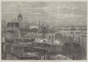The Thames Embankment Works, sett fra King's College (gravering) av English School