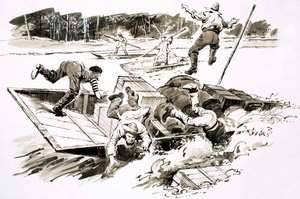 The Treasure-Hunters: Klondike Stampede (gouache på papir) av English School