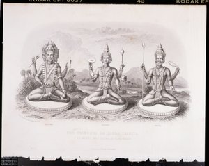 The Trimurti eller Hindu Trinity, gravert av A. Thorn, fra World Religion, utgitt av A. Fullarton & Co. av English School