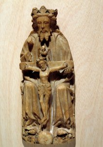 Treenigheten Gud fristet sin sønn Jesus på korset. Skulptur i albatre av den engelske skolen. Paris fra 1400-tallet, middelalderens nasjonalmuseum, Thermes de Cluny av English School
