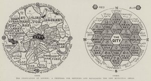 The Unification of London, et forslag for å definere og utjevne de nye kommunale områdene (gravering) av English School