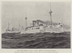 Det amerikanske krigsskipet "Maine," sprengt i Havana havn (litho) av English School
