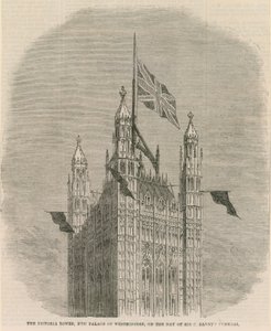 Victoria Tower, det nye palasset i Westminster, på dagen for Sir C Barnets begravelse av English School
