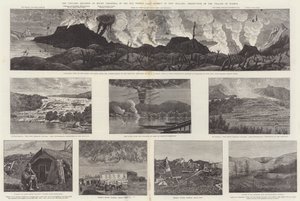 Vulkanutbruddet av Mount Tarawera, i Hot Springs Lake District i New Zealand, ødeleggelse av landsbyen Wairoa (gravering) av English School