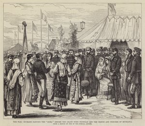 Krigen, romanere som danser "Hora" før storhertug Nicholas og prinsen og prinsessen av Roumania (gravering) av English School