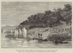 Krigen i Soudan, general Earles landingssted ved Hamdab, ved Nilen (gravering) av English School
