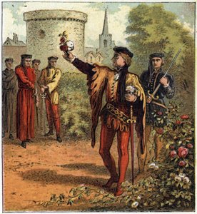 The War of the Two Roses (1455-1485): begynnelsen på konflikten. En Lord of the Royal House of York plukker en hvit rose og en annen fra Royal House of Lancaster plukker en rød rose. Illustrasjon av den engelske borgerkrigen født av delingen av su av English School