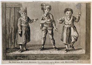 De villfødte menneskene (to hunner og en hann) med monstrøse krabber, som utstilt på Haymarket, trykt for Carington Bowles, 1787 av English School