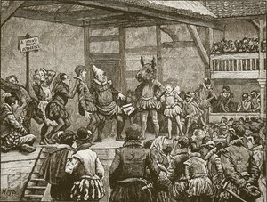 Skuespillet til et av Shakespeares skuespill på dronning Elizabeths tid, illustrasjon fra Cassells Illustrated History of England (sepia-foto) av English School