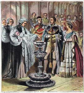 Dåpen til prinsen av Wales, som ble kong Edward VII (1841-1910), i nærvær av hans foreldre, dronning Victoria 1. (1819-1901) og prins Albert av Sachsen Cobourg Gotha (Sachsen-Coburg-Gotha) av English School