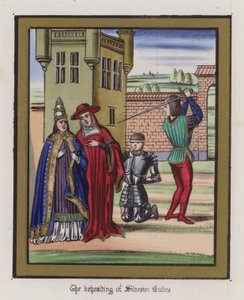 Halshuggingen av Sir Silvester Budes (farget gravering) av English School