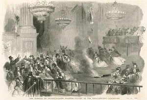 Brenningen av Covent Garden Theatre, London - flyvningen til Masqueraders av English School