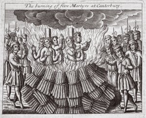 Brenningen av fem martyrer i Canterbury, illustrasjon fra «Acts and Monuments» av John Foxe, niende utgave, utgitt 1684 (litografi) av English School