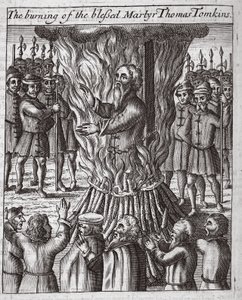 Brenningen av den hellige martyren Thomas Tomkins, illustrasjon fra «Acts and Monuments» av John Foxe, niende utgave, utgitt 1684 (lito) av English School