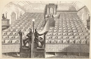 Kapellet, på det separate systemet, i Pentonville Prison, under gudstjeneste, illustrasjon fra The Criminal Prisons of London og Scenes from Prison Life av Henry Mayhew og John Binny, pub. 1862 av English School