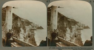 Kysten av Amalfi og Salerno-bukten fra et ombygd kloster, en stereoskopisk utsikt (sepia-bilde) av English School