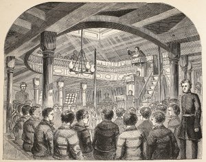 Fangekapellet om bord på Defense Hulk i Woolwich, illustrasjon fra The Criminal Prisons of London og Scenes from Prison Life av Henry Mayhew og John Binny, pub. 1862 av English School