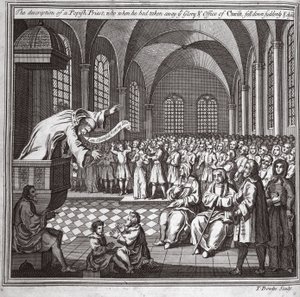 Beskrivelsen av en paveprest, som da han hadde tatt fra dere Kristi ære og embete, plutselig falt ned og døde, illustrasjon fra Foxes Martyrs ca. 1703 av English School