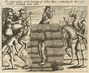 Beskrivelsen av brenningen av Johannes Hus, i strid med den trygge leide som ble gitt ham (gravering) av English School