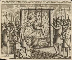 Beskrivelsen av Sir John Oldcastles, Lord Cobhams, grusomme martyrium (gravering) av English School