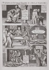 Beskrivelsen av forgiftningen av kong John av en munk fra Swinstead Abbey i Lincolnshire, illustrasjon fra Acts and Monuments av John Foxe, niende utgave, pub. 1684 av English School