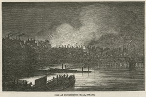 Ødeleggelsen ved brann av Hungerford Hall, Strand, London av English School