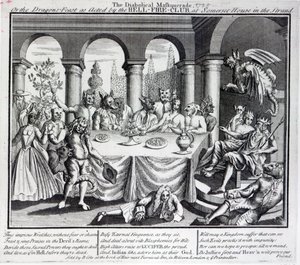 Den djevelske maskerade, eller drage-festen som utført av Hell-Fire-Club, ved Somerset House i Strand, ca. 1721 av English School