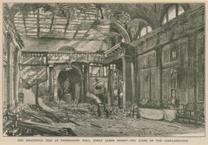 Den katastrofale brannen i Freemasons Hall, Great Queen Street, London av English School