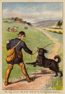 Hunden grep tak i pinnen som den skremte postmannen holdt frem (fargelitografi) av English School