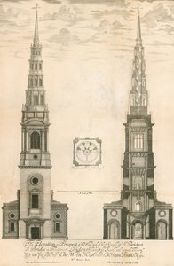 Høyden og utsikten til vestenden av tårnet til St Brides-kirken i Fleet Street, London