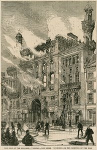 Brannen ved Alhambra Theatre - ruinene, skissert brannmorgenen, 7. desember 1882 av English School