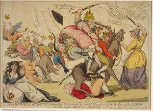 Frankrikes geni som utrydder despotisme, tyranni og undertrykkelse fra jordens overflate, eller de kongelige krigerne beseiret, 1792 (håndfarget etsning) av English School
