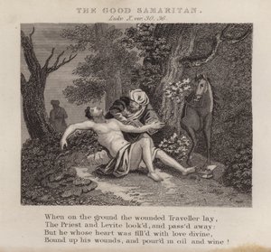 Den barmhjertige samaritan, Lukas X, ver 30, 36 (gravering) av English School