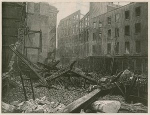 Den store brannen i Old Bailey, London av English School
