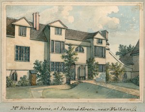 Hjemmet til Samuel Richardson på Parsons Green, nær Fulham, London (wc på papir) av English School