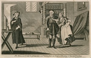 Den humoristiske farsen til Jobson og Nell fra et originalt maleri i Vauxhall Gardens, London av English School