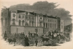 Belysningene i feiringen av Hennes Majestets bursdag - scene i Regent Street, London av English School