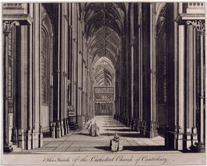 Innsiden av Cathedral Church of Canterbury", med utsikt over skipet, fra vestenden, ca. 1700-43 av English School