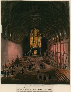 Interiøret i Westminster Hall slik det så ut da parlamentshusene ble ødelagt av brann av English School